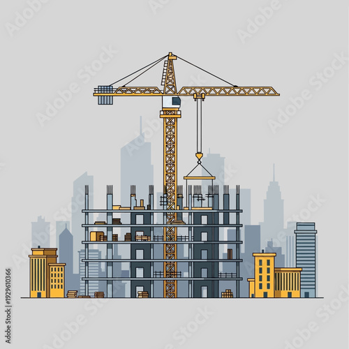 Construction crane building skyscraper in city skyline, urban development, architecture concept