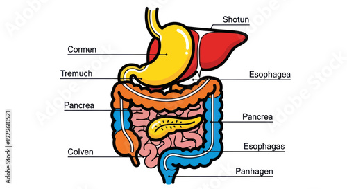 Human Digestive System Anatomy Diagram with Organs and Labels.
