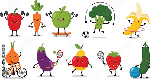 Set of Cute Kawaii Fruit and Vegetable Characters Exercising with Sports Equipment Including Weightlifting Cycling and Soccer Vector Illustration Isolated on a White Background