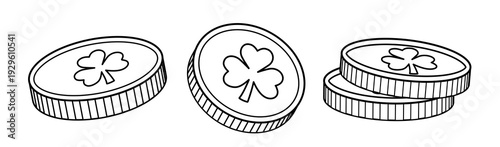 St. Patrick's Day Gold Coin Outline with Clover. 
Shamrock Coin Coloring Page Template Set.
Saint Patrick’s Day Lucky Coin Line Art Illustration. svg.