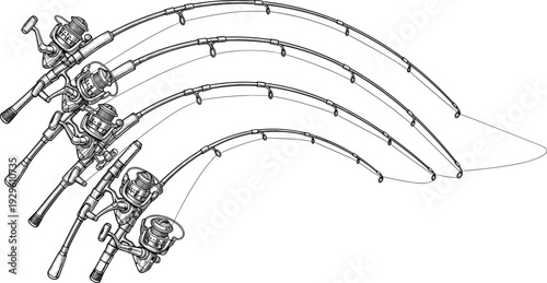 Fishing rod bending with spinning reel set, detailed angling equipment illustration, black and white vector