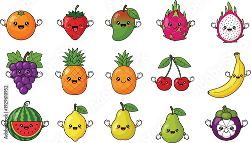 Set of Cute Kawaii Fruit Characters with Happy Smiling Faces Waving Hands Including Dragon Fruit Mangosteen Pineapple and Watermelon Vector Illustration Isolated on White Background