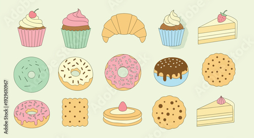 Bakery Pastries Set Cupcakes Donuts Croissant Cake Cookies.