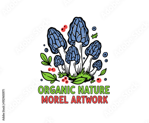 Morel mushroom artwork design. Organic nature forest food. Wild fungi hand drawn illustration. Mushroom forager harvest graphic print. Woodland artwor