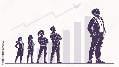Businessman standing out from the crowd with upward trend graph