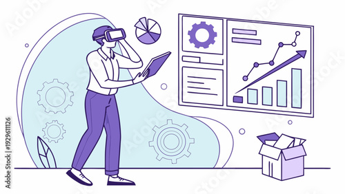 Businessman analyzing data with virtual reality headset and laptop