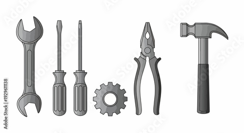 Set of Tools Wrench Screwdrivers Gear Pliers and Hammer.
