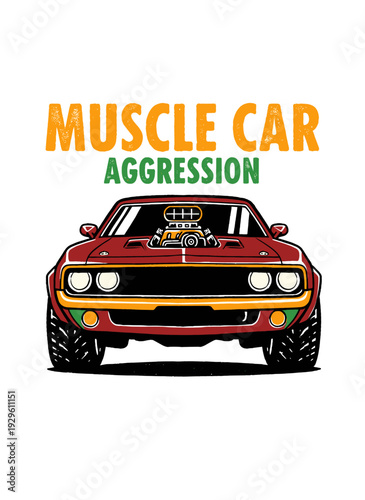 Muscle car illustration for t shirt. Vintage hot rod graphic print. Aggressive classic car artwork. Automotive design for apparel. American retro vehi
