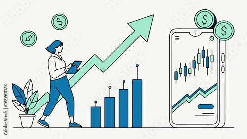 Businesswoman analyzes financial growth on mobile device with increasing graph