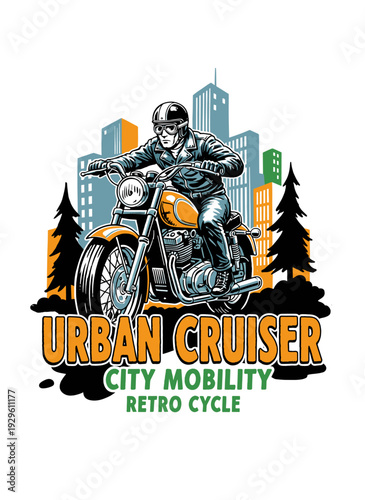 Urban cruiser graphic design. Motorcycle retro cycle artwork. City mobility vector art. Biker vintage illustration. Freedom ride artwork for apparel.