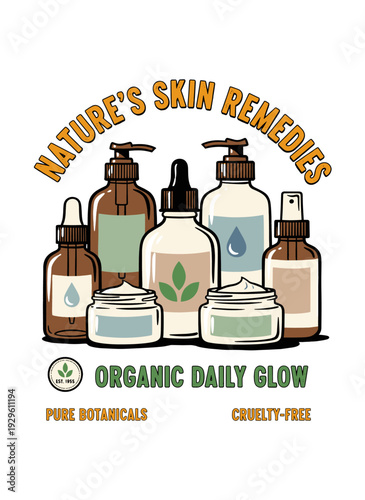 Natures skin remedies graphic design. Organic beauty care products. Pure botanicals and cruelty free. Skincare artwork for print and web. Daily glow c