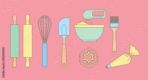 Baking Tools Kitchen Utensils Pastry Equipment Pink Background.