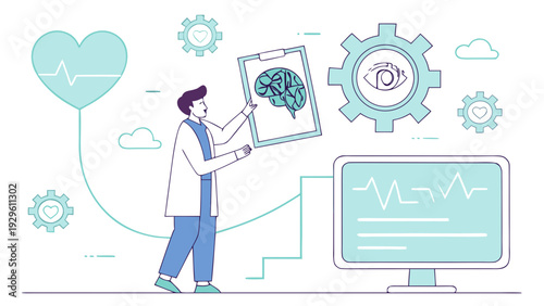 Doctor analyzing brain scan on clipboard with medical technology