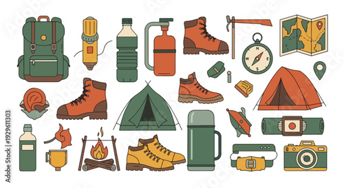Camping Gear Set Backpack Tent Boots Map  Compass Outdoor Activities.