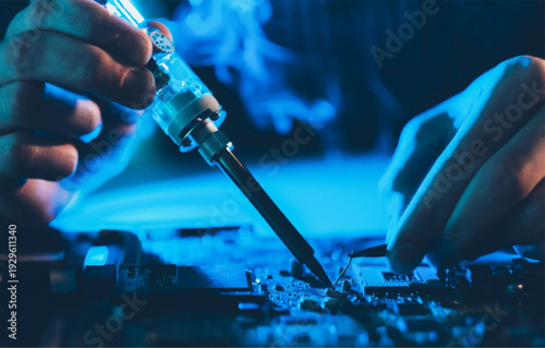Technician repairing computer circuit board with soldering iron