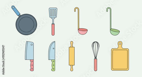 Kitchen Utensils Set Cookware Tools and Chopping Board Vector.