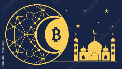 Cryptocurrency meets Islamic finance with Bitcoin and mosque at night