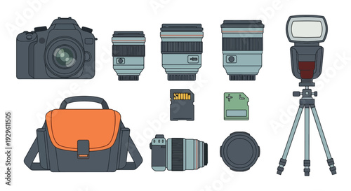 Camera Equipment Set Vector DSLR Lenses Flash Bag SD Cards.