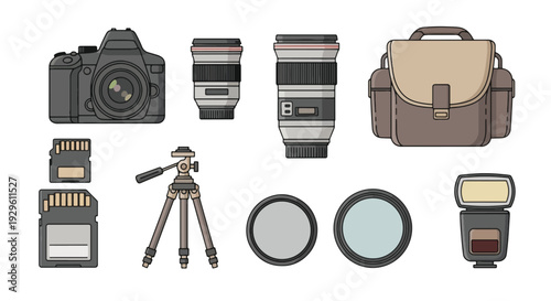 Camera Equipment Set DSLR Lenses Bag Tripod SD Card Filters.
