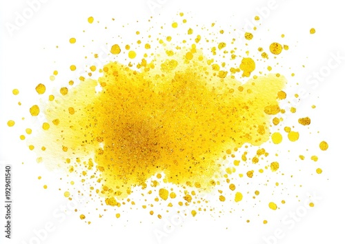 Watercolor abstract of yellow paint splashes and dots on a white background