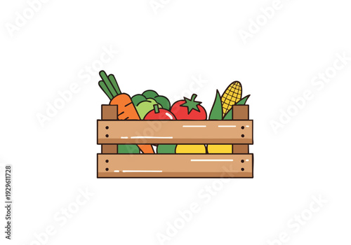 A rustic wooden crate overflowing with fresh, colorful, healthy, and vibrant fruits and vegetables, symbolizing a bountiful harvest and natural goodness