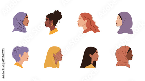 Diverse Women Profile Avatar Collection: Multicultural Female Faces Vector Illustration