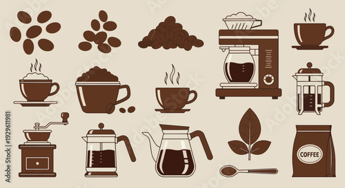 Coffee Icons Beans Cups Machines Grinder French Press Bag.