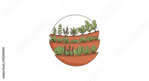 Terraced Garden Pots Filled with Green Plants and Vegetables in a Circle Frame on Isolated White Background, symbolizing Home Gardening and Sustainable Living