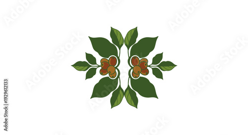 Stylized Coffee Plant with Green Leaves and Coffee Beans Arranged Symmetrically on Isolated White Background, representing Organic Coffee Agriculture