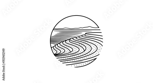 Abstract Line Art Drawing of Curved Terraced Fields or Water Ripples in a Circle Frame on Isolated White Background, representing Agriculture and Landscape
