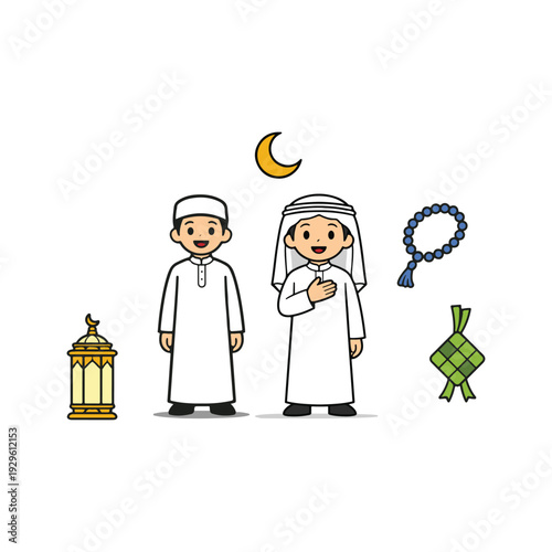 Muslim Boys with Islamic Lantern Tasbih and Ketupat Celebrating Ramadan and Eid al Fitr Cartoon Illustration