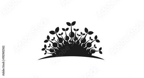 Black Silhouette of Multiple Small Plants or Seedlings Growing in a Semicircle Formation on Isolated White Background, representing Nature and Growth