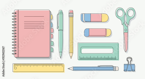 school supplies set with notebook and stationery.