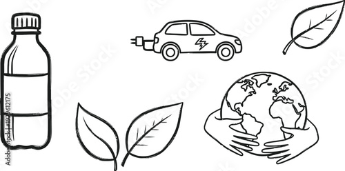 Eco-friendly concepts: electric car, leaves, earth, and water bottle.