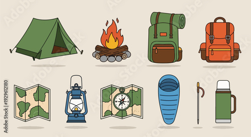 Camping equipment icons set outdoor adventure gear.