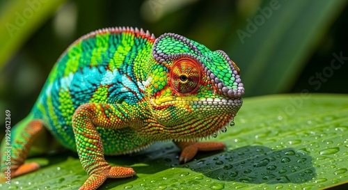 colorful chameleon on wet leaf closeup
