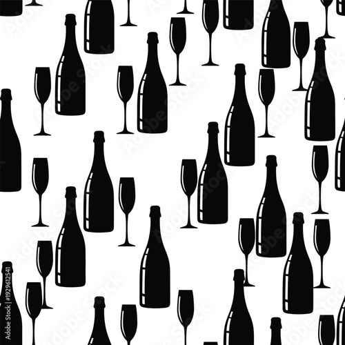 Seamless pattern with wine bottles and champagne flutes silhouettes background