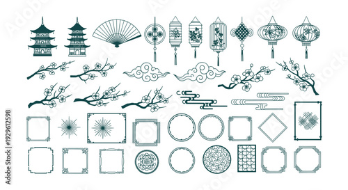 Traditional Asian Cultural Elements Vector Set Pagodas Lanterns Plum Blossoms Borders Clouds
