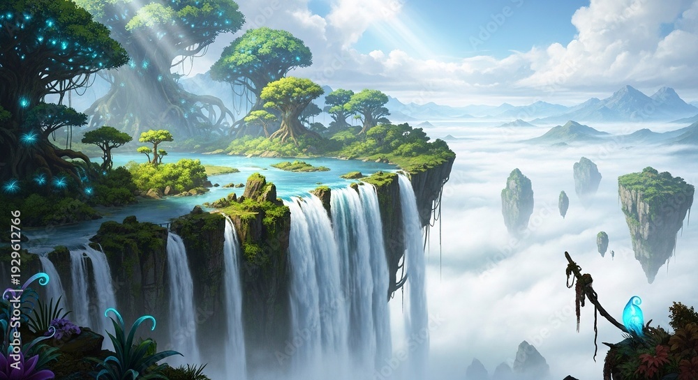 Obraz premium Fantasy landscape with waterfalls and floating islands in the clouds