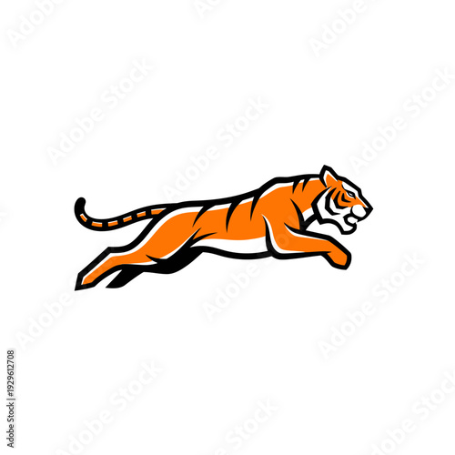 Running Tiger Illustration Orange Striped Cartoon Style.