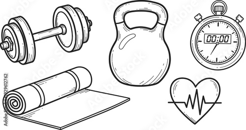 Fitness equipment and heart health symbol for active lifestyle and wellness