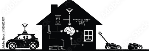 Smart home automation ecosystem with AI control, connected car, drone monitoring, robotic lawn mower, vacuum cleaner, IoT devices network illustration