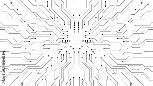 Digital circuit board background showcasing white electronic patterns. Vector tech design with semiconductor lines, motherboard elements, and modern circuitry composition. Digital vector illustration