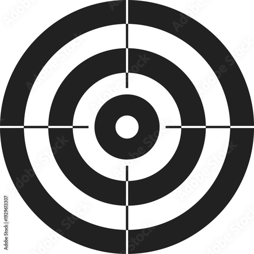 Target bullseye icon illustration, concentric circle aim symbol, shooting range graphic, goal achievement concept, black isolated vector design