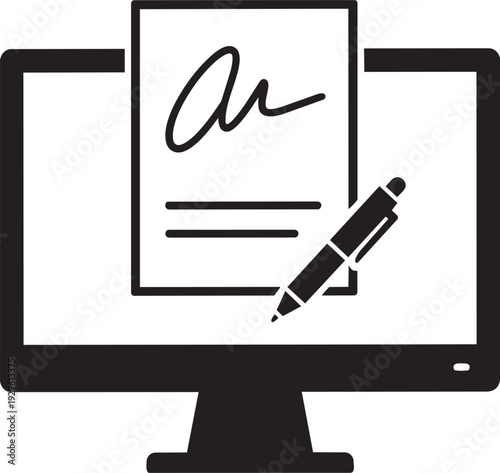 Online signature icon: computer screen showing a document with a digital signature and pen, symbolizing electronic contracts and authentication