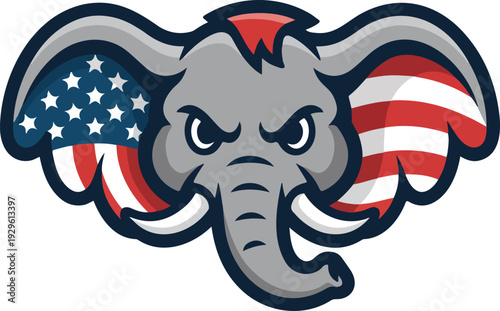 Angry Elephant Head with American Flag Pattern on Ears Bold Patriotic Vector Illustration