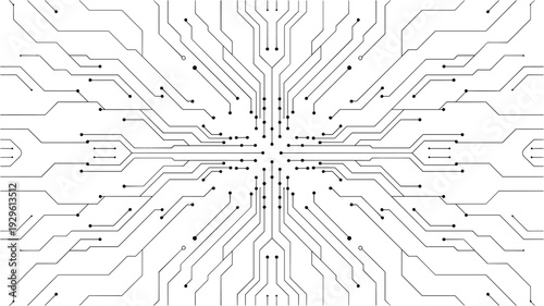 White electronic motherboard pattern with digital lines and connections. Abstract tech background featuring semiconductor design, futuristic elements, and modern circuitry layout. Digital illustration
