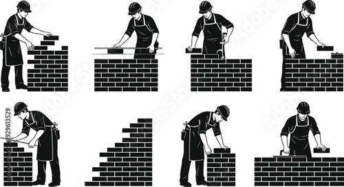 Construction worker bricklayer vector set with black and white silhouettes of masons building brick walls for industrial site and masonry design