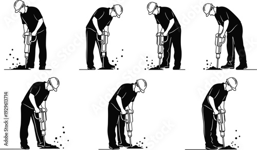 Construction worker using jackhammer vector set with black and white silhouettes of laborers drilling ground for road repair and industrial design