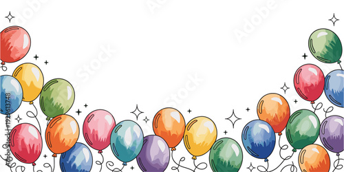 banner. frame hand drawn cartoon watercolor balloons symbols of party. design holiday greeting card and invitation of holidays background